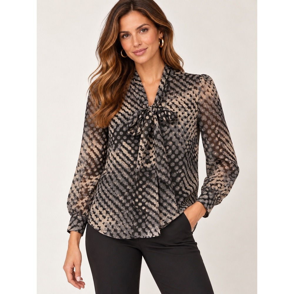 Theory 100% Silk Blurred Primo Print Blouse M Long Sleeve Tie Neck